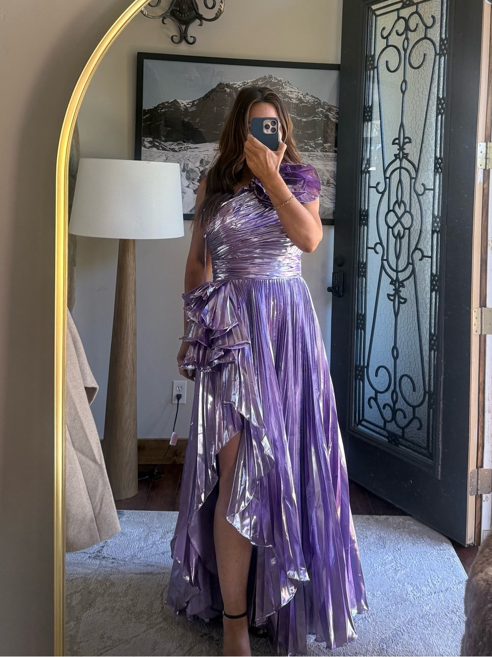 Mac Duggal Metallic Purple One-Shoulder High-Low Gown